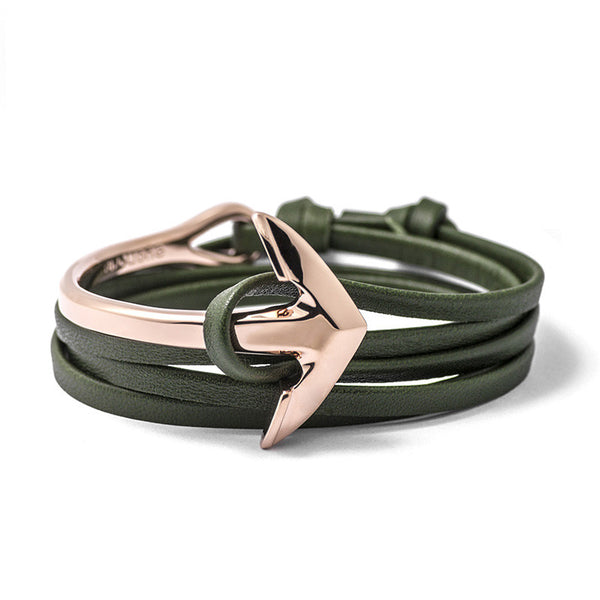 Rose Gold Anchor Half-cuff On Hunter Green Leather Bracelet - BIJOUONE