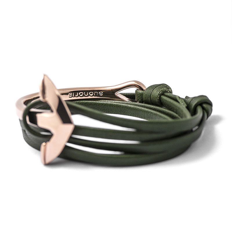 Rose Gold Anchor Half-cuff On Hunter Green Leather Bracelet - BIJOUONE