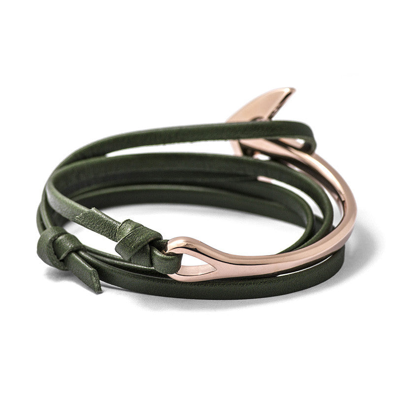 Rose Gold Anchor Half-cuff On Hunter Green Leather Bracelet - BIJOUONE