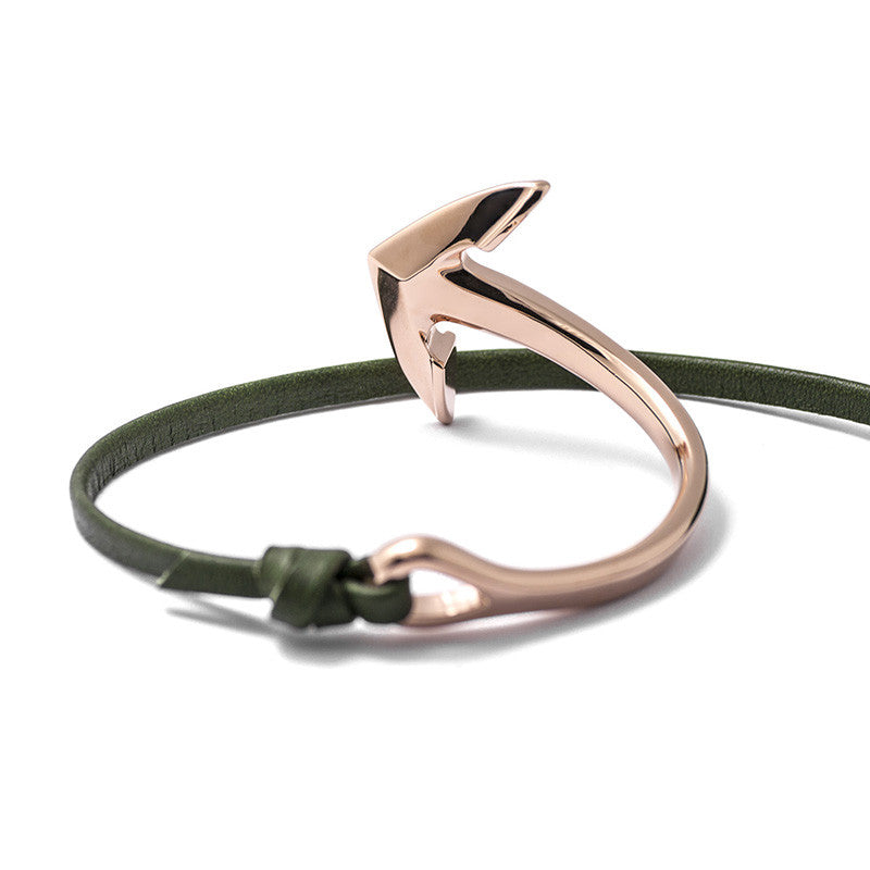 Rose Gold Anchor Half-cuff On Hunter Green Leather Bracelet - BIJOUONE