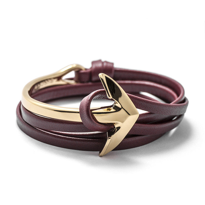 Gold Anchor Half-cuff On Burgundy Leather Bracelet - BIJOUONE
