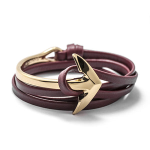 Gold Anchor Half-cuff On Burgundy Leather Bracelet - BIJOUONE