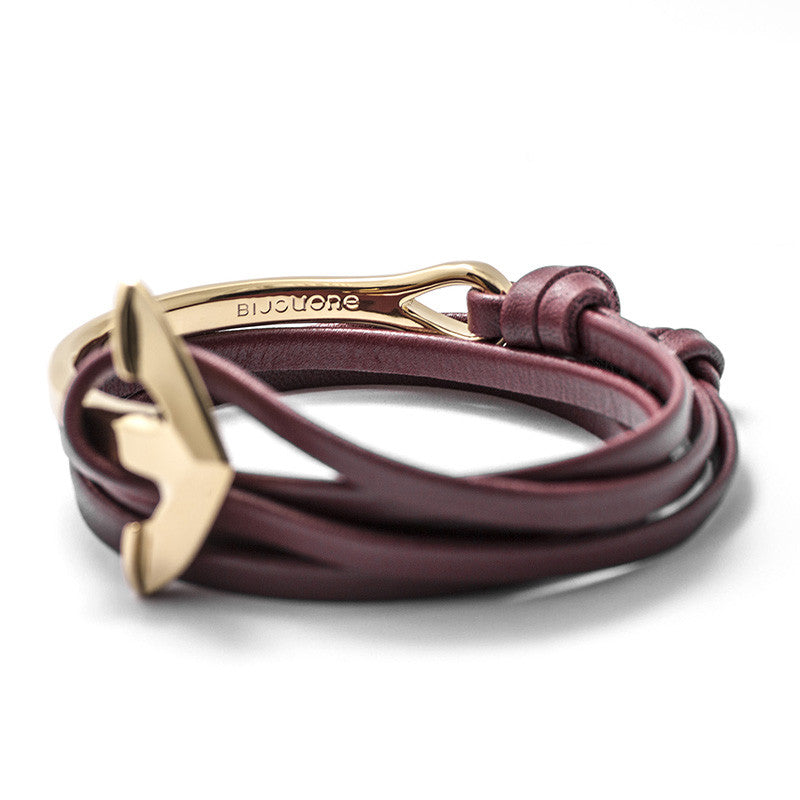 Gold Anchor Half-cuff On Burgundy Leather Bracelet - BIJOUONE