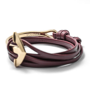 Gold Anchor Half-cuff On Burgundy Leather Bracelet - BIJOUONE