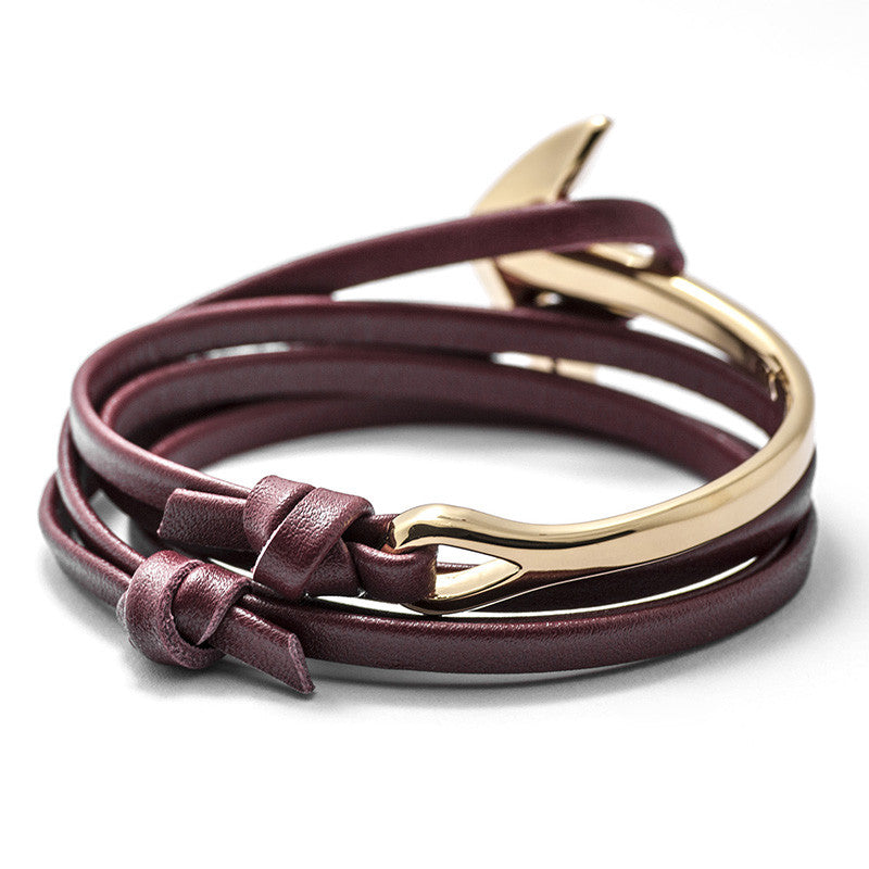 Gold Anchor Half-cuff On Burgundy Leather Bracelet - BIJOUONE
