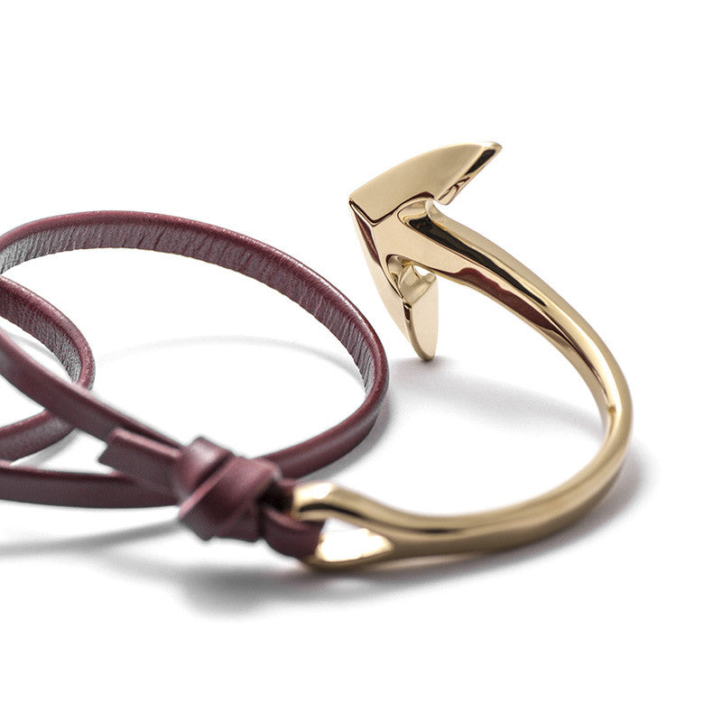 Gold Anchor Half-cuff On Burgundy Leather Bracelet - BIJOUONE