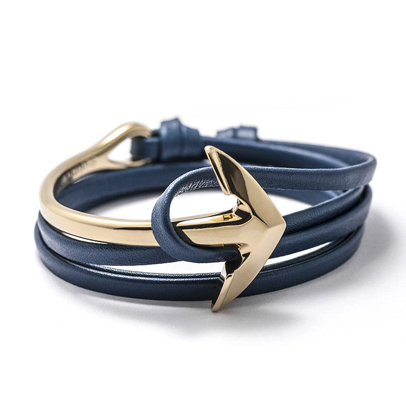 Gold Anchor Half-cuff On Blue Leather Bracelet - BIJOUONE
