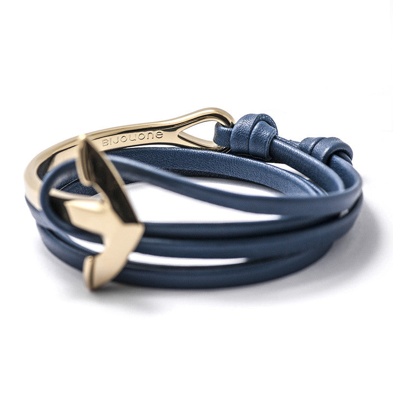 Gold Anchor Half-cuff On Blue Leather Bracelet - BIJOUONE