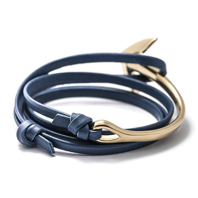 Gold Anchor Half-cuff On Blue Leather Bracelet - BIJOUONE