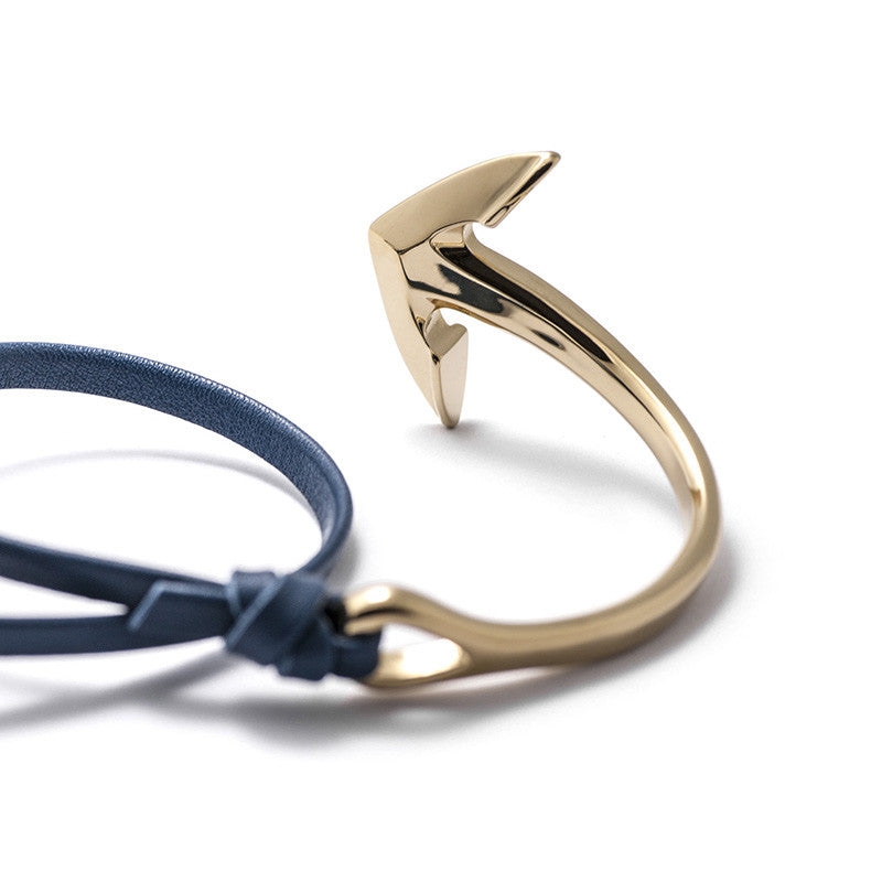 Gold Anchor Half-cuff On Blue Leather Bracelet - BIJOUONE