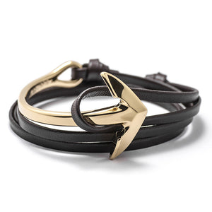 Gold Anchor Half-cuff On Dark Coffee Leather Bracelet - BIJOUONE