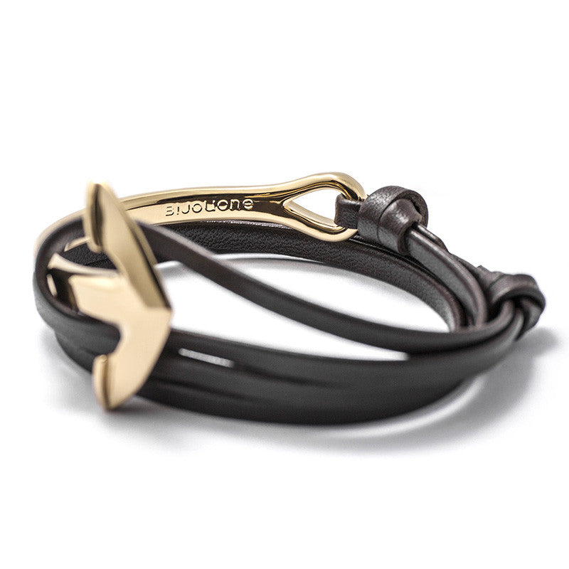 Gold Anchor Half-cuff On Dark Coffee Leather Bracelet - BIJOUONE