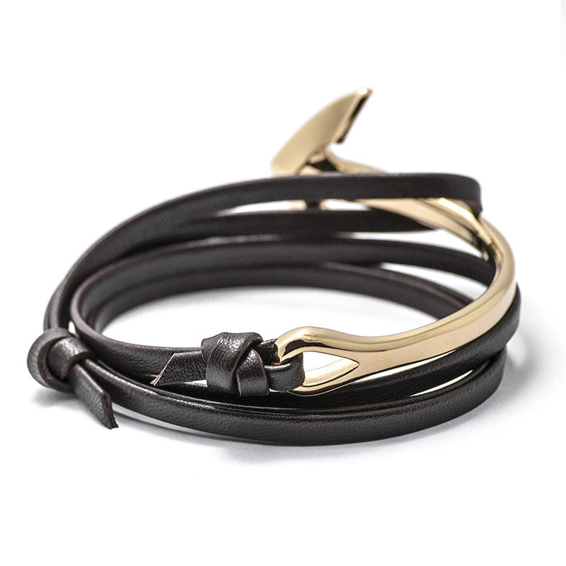 Gold Anchor Half-cuff On Dark Coffee Leather Bracelet - BIJOUONE