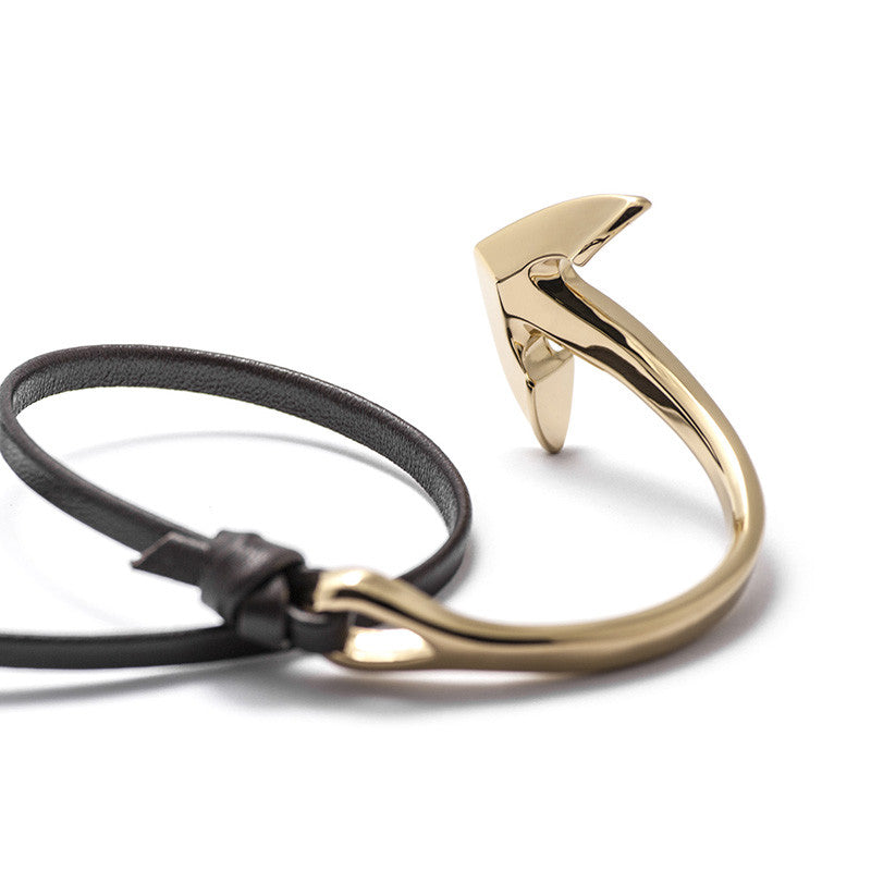 Gold Anchor Half-cuff On Dark Coffee Leather Bracelet - BIJOUONE