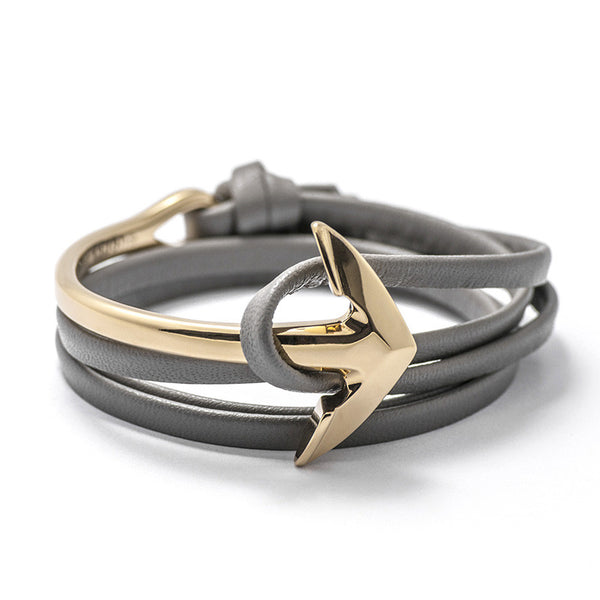 Gold Anchor Half-cuff On Gray Leather Bracelet - BIJOUONE