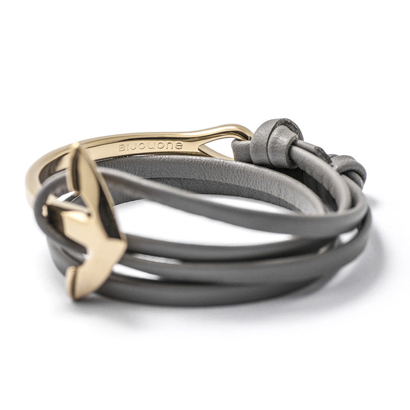 Gold Anchor Half-cuff On Gray Leather Bracelet - BIJOUONE