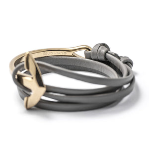Gold Anchor Half-cuff On Gray Leather Bracelet - BIJOUONE