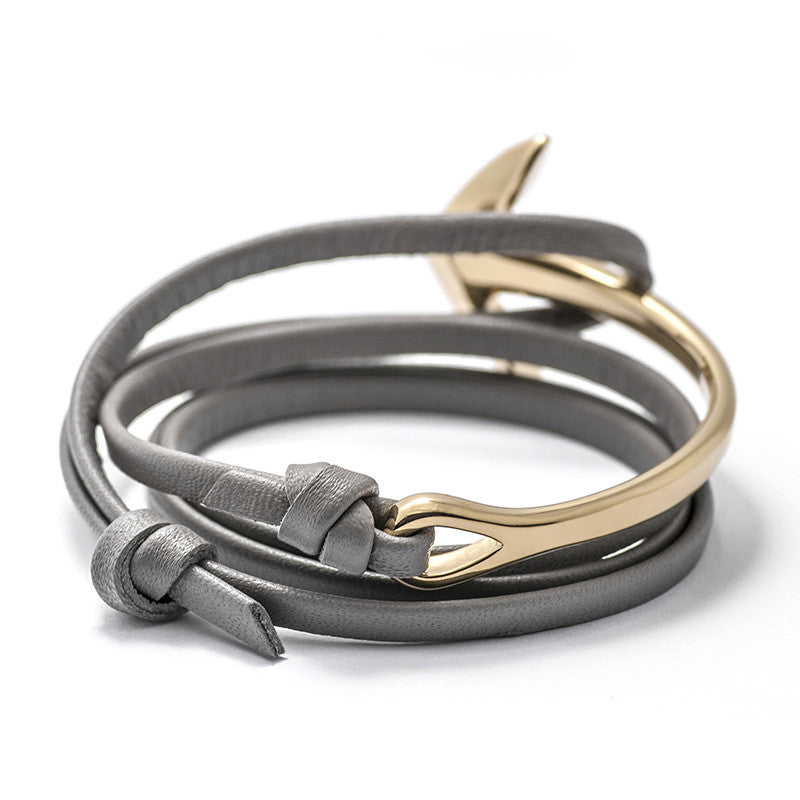 Gold Anchor Half-cuff On Gray Leather Bracelet - BIJOUONE