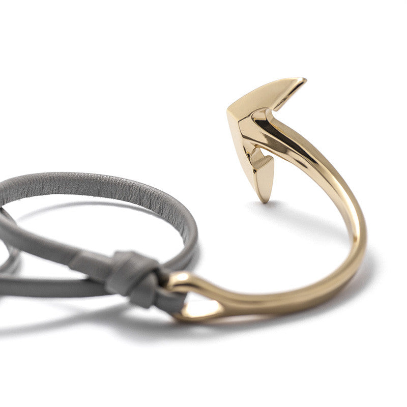 Gold Anchor Half-cuff On Gray Leather Bracelet - BIJOUONE