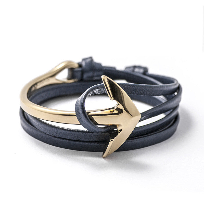Gold Anchor Half-cuff On Navy Leather Bracelet - BIJOUONE