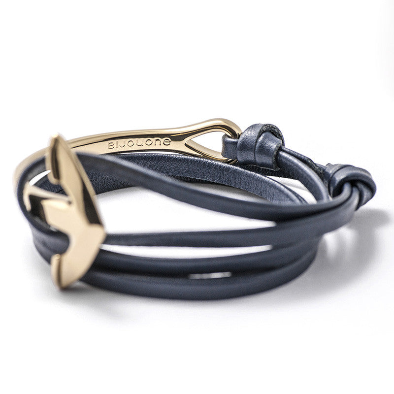 Gold Anchor Half-cuff On Navy Leather Bracelet - BIJOUONE