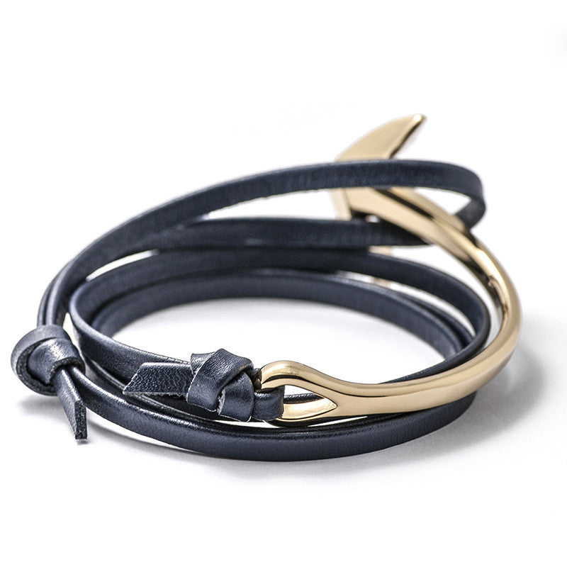 Gold Anchor Half-cuff On Navy Leather Bracelet - BIJOUONE