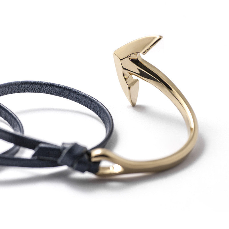 Gold Anchor Half-cuff On Navy Leather Bracelet - BIJOUONE