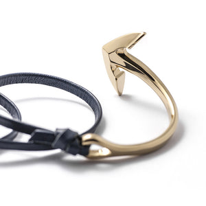 Gold Anchor Half-cuff On Navy Leather Bracelet - BIJOUONE