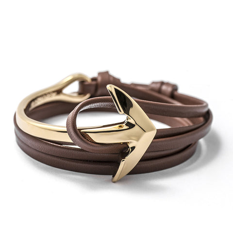 Gold Anchor Half-cuff On Brown Leather Bracelet - BIJOUONE