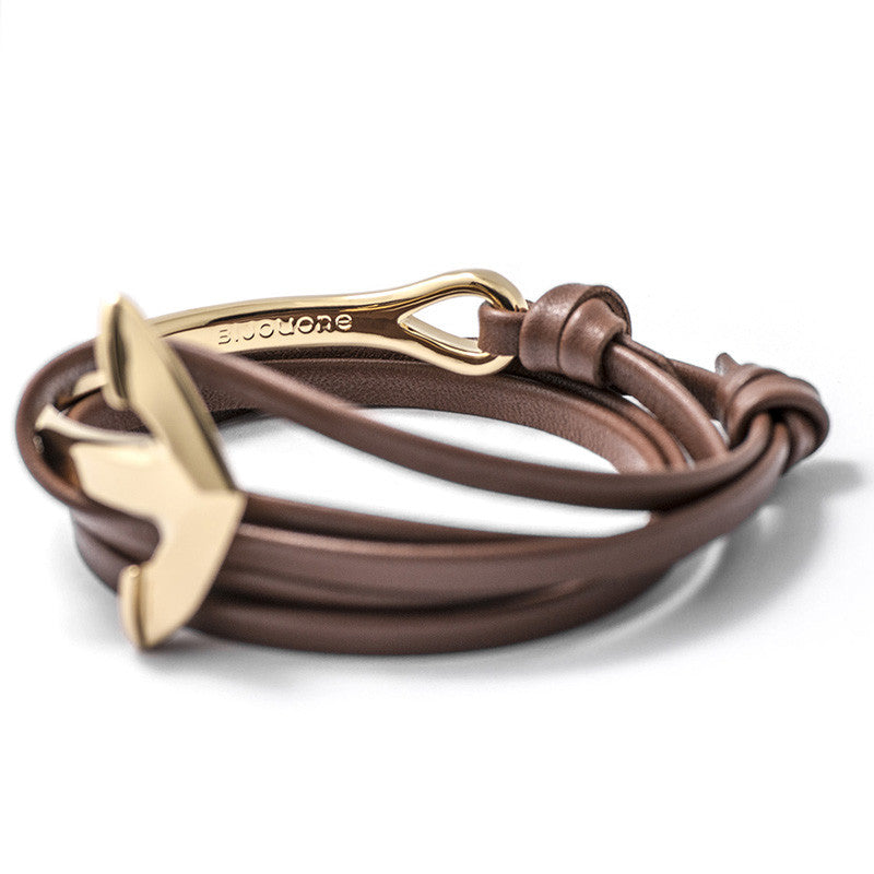 Gold Anchor Half-cuff On Brown Leather Bracelet - BIJOUONE