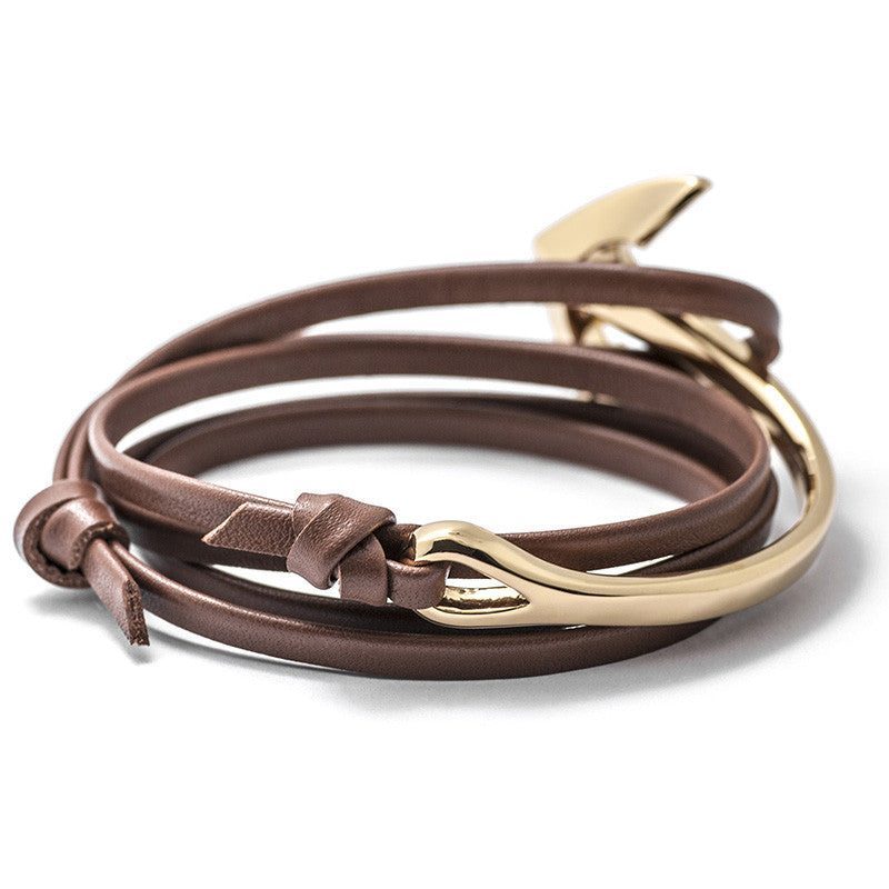 Gold Anchor Half-cuff On Brown Leather Bracelet - BIJOUONE