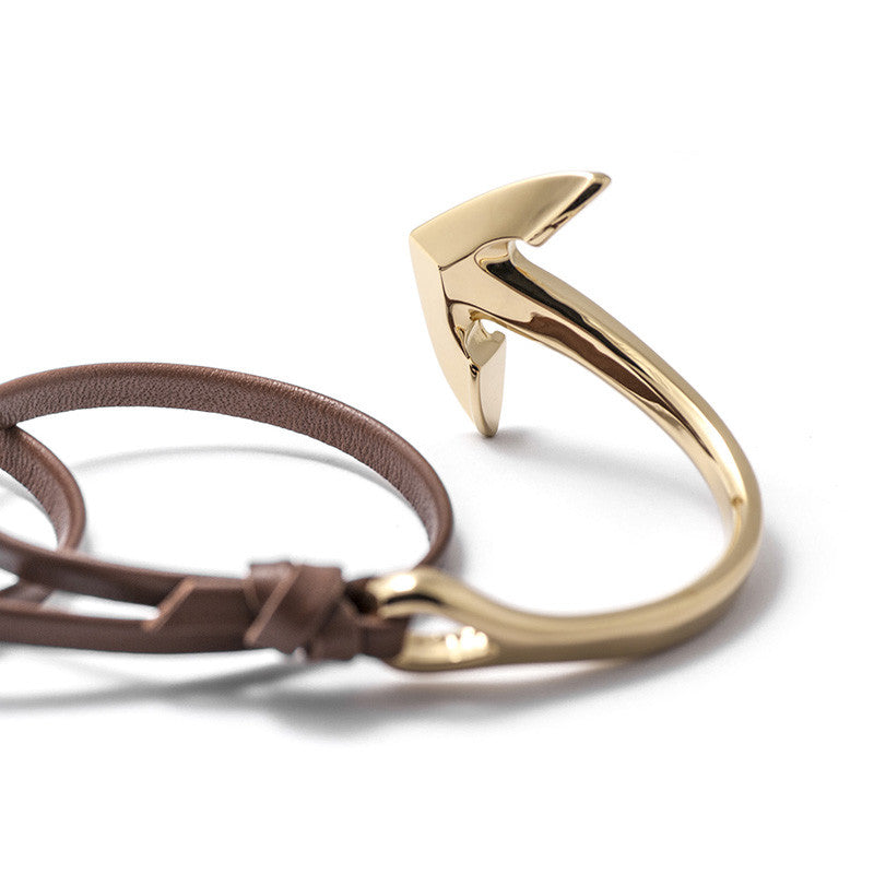 Gold Anchor Half-cuff On Brown Leather Bracelet - BIJOUONE