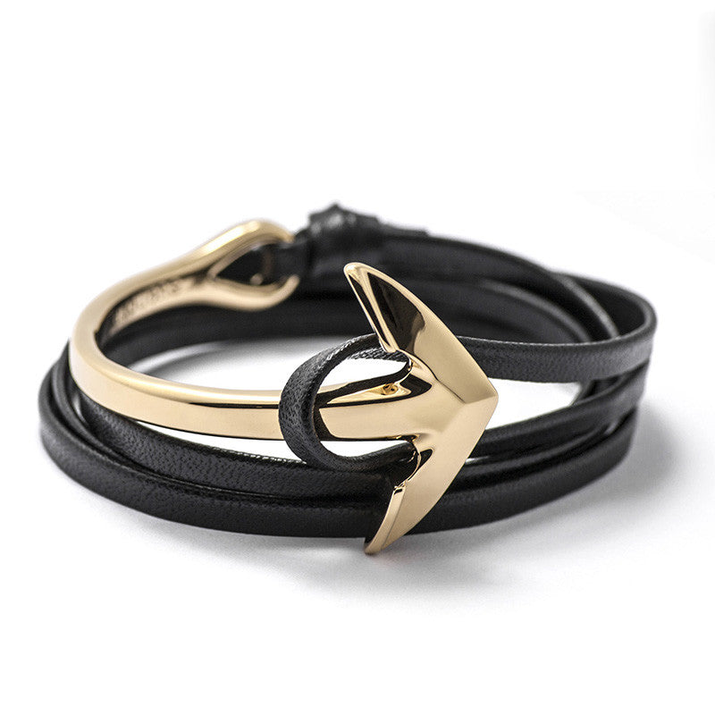 Gold Anchor Half-cuff On Black Leather Bracelet - BIJOUONE