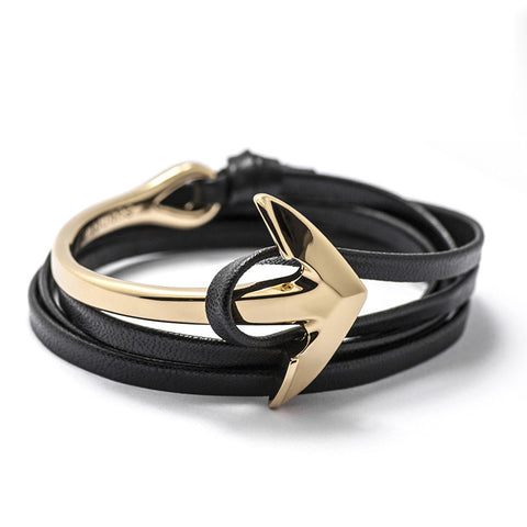 Gold Anchor Half-cuff On Black Leather Bracelet - BIJOUONE