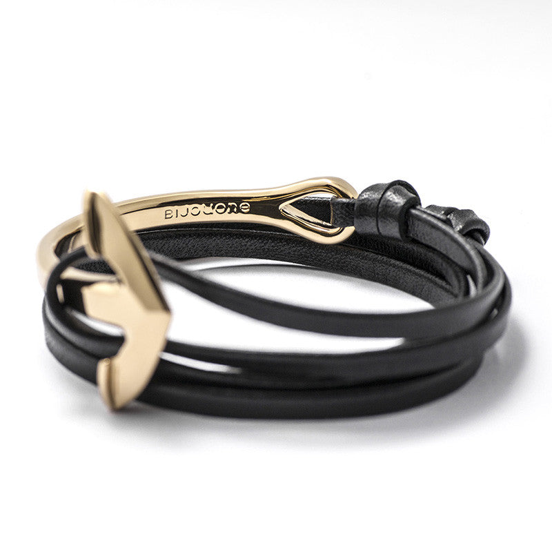 Gold Anchor Half-cuff On Black Leather Bracelet - BIJOUONE