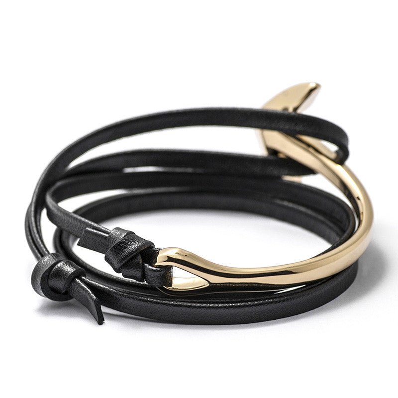 Gold Anchor Half-cuff On Black Leather Bracelet - BIJOUONE
