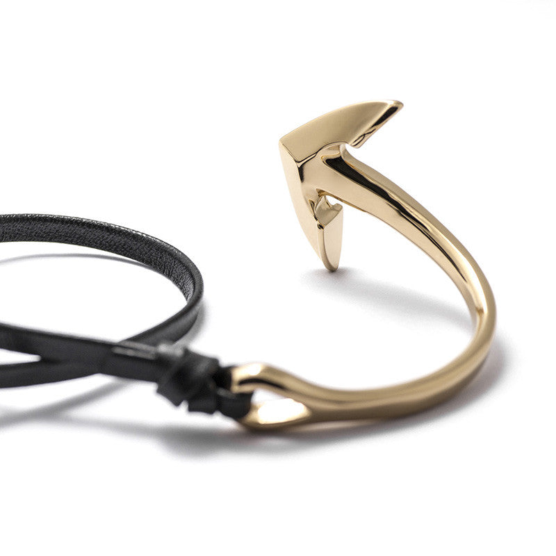 Gold Anchor Half-cuff On Black Leather Bracelet - BIJOUONE