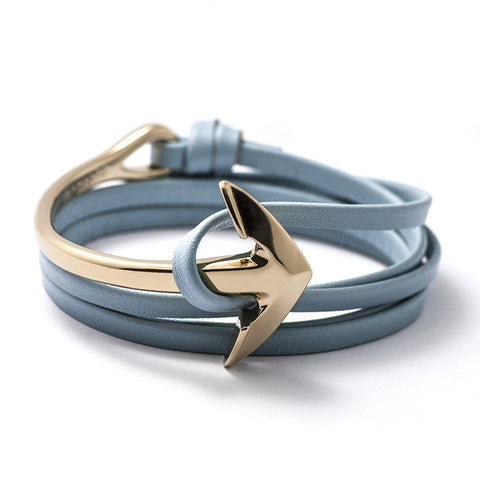 Gold Anchor Half-cuff On Baby Blue Leather Bracelet - BIJOUONE