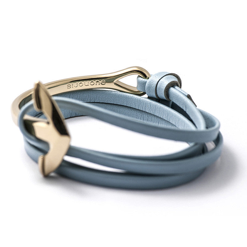 Gold Anchor Half-cuff On Baby Blue Leather Bracelet - BIJOUONE