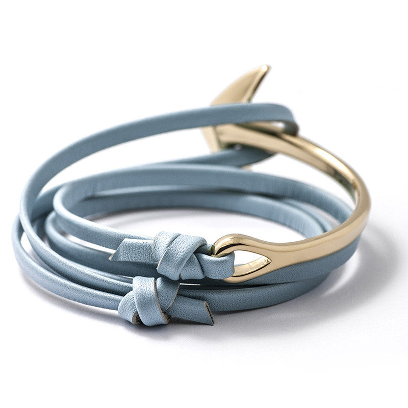 Gold Anchor Half-cuff On Baby Blue Leather Bracelet - BIJOUONE