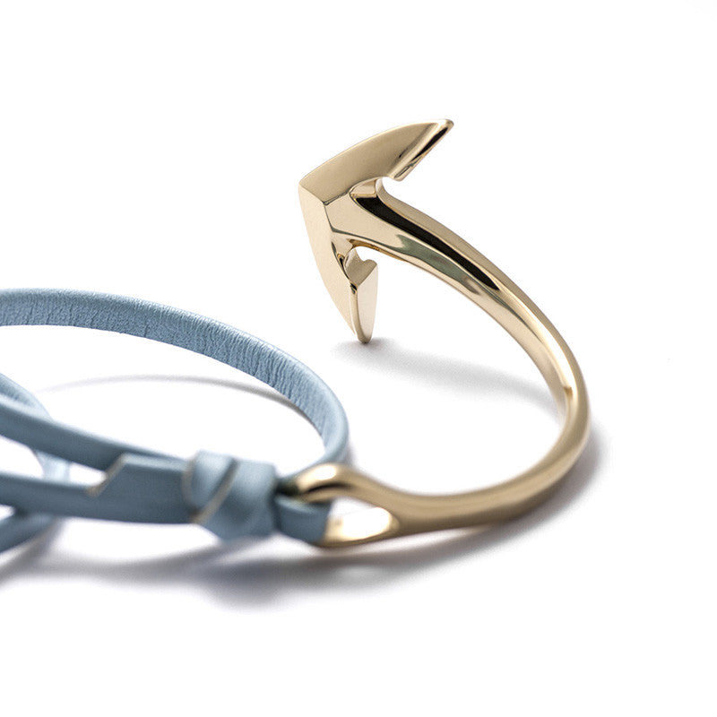 Gold Anchor Half-cuff On Baby Blue Leather Bracelet - BIJOUONE
