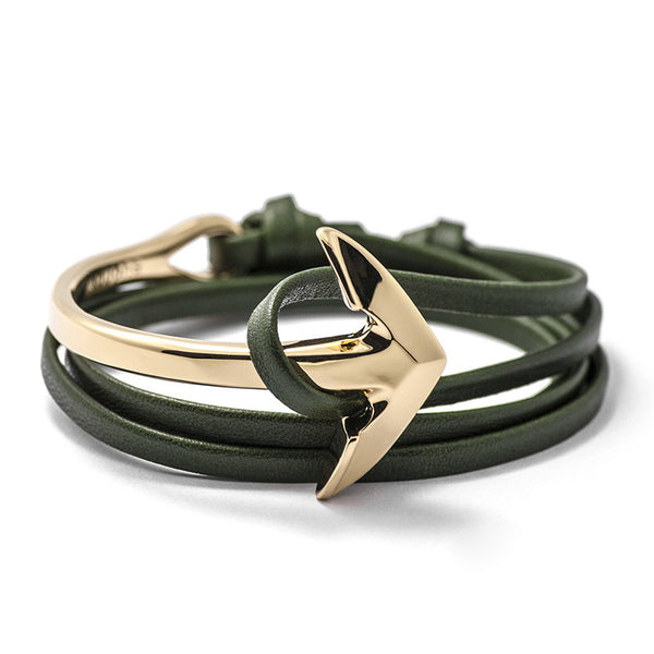 Gold Anchor Half-cuff On Hunter Green Leather Bracelet - BIJOUONE