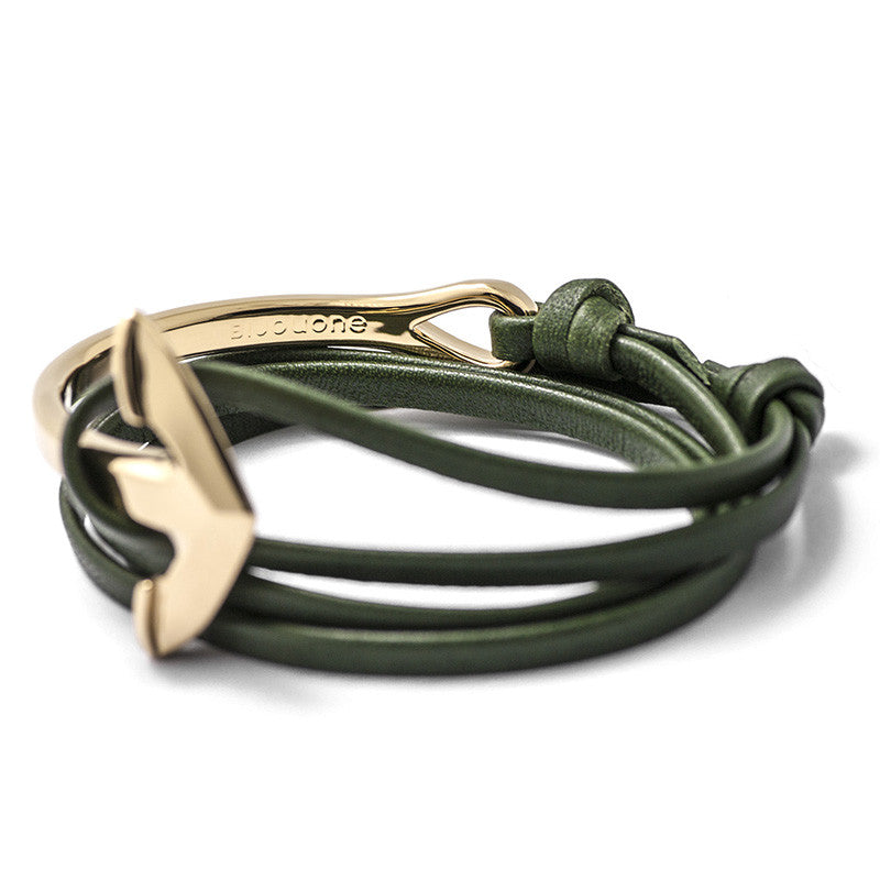 Gold Anchor Half-cuff On Hunter Green Leather Bracelet - BIJOUONE