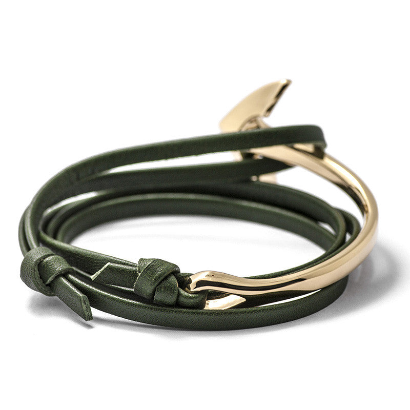 Gold Anchor Half-cuff On Hunter Green Leather Bracelet - BIJOUONE