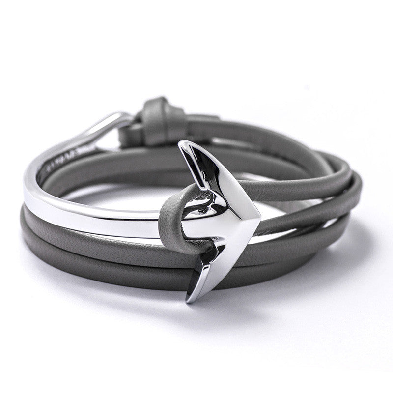 Silver Anchor Half-cuff On Gray Leather Bracelet - BIJOUONE