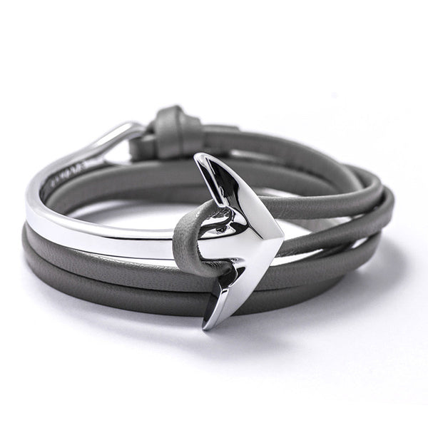 Silver Anchor Half-cuff On Gray Leather Bracelet - BIJOUONE