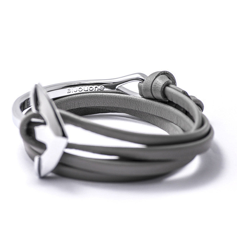 Silver Anchor Half-cuff On Gray Leather Bracelet - BIJOUONE