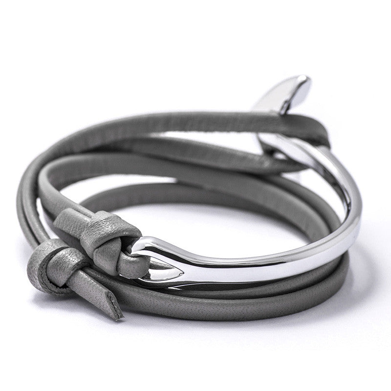 Silver Anchor Half-cuff On Gray Leather Bracelet - BIJOUONE