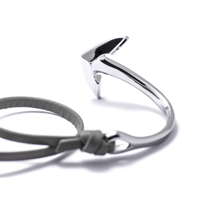 Silver Anchor Half-cuff On Gray Leather Bracelet - BIJOUONE