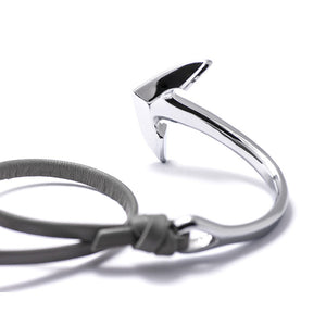 Silver Anchor Half-cuff On Gray Leather Bracelet - BIJOUONE